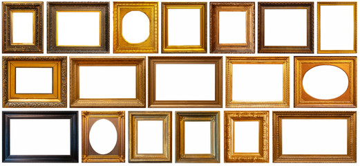 Set of golden antique frames on a white background isolated