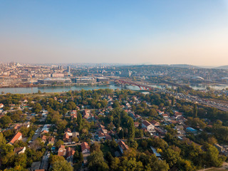 Aerial view of a traffic jam over Gazela bridge in Belgrade and Sava river