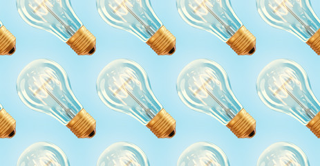 seamless pattern 3D Light bulbs. Vector realistic glowing lamp hanging on the wire. Incandescent lamp isolated on transparent background. Edison light illumination. Idea sign, solution, thinking sign