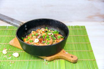 Fried meat in the pan. Delicious meat food