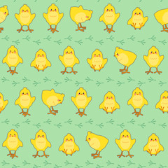 Easter seamless pattern with cute chicks and footprints on a green background. Good for wrapping. Vector illustration.