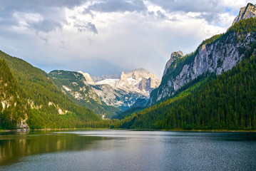 Fototapeta na wymiar Beautiful Gosausee lake at rainy day in Austrian Alps. Salzkammergut region