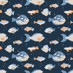 Seamless pattern with sea fish on a dark background.
