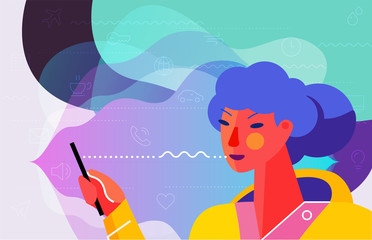 Concept banner with woman using his voice assistant mobile app. Voice assistant concept. Trendy bright linear illustration. At home and work, everywhere
