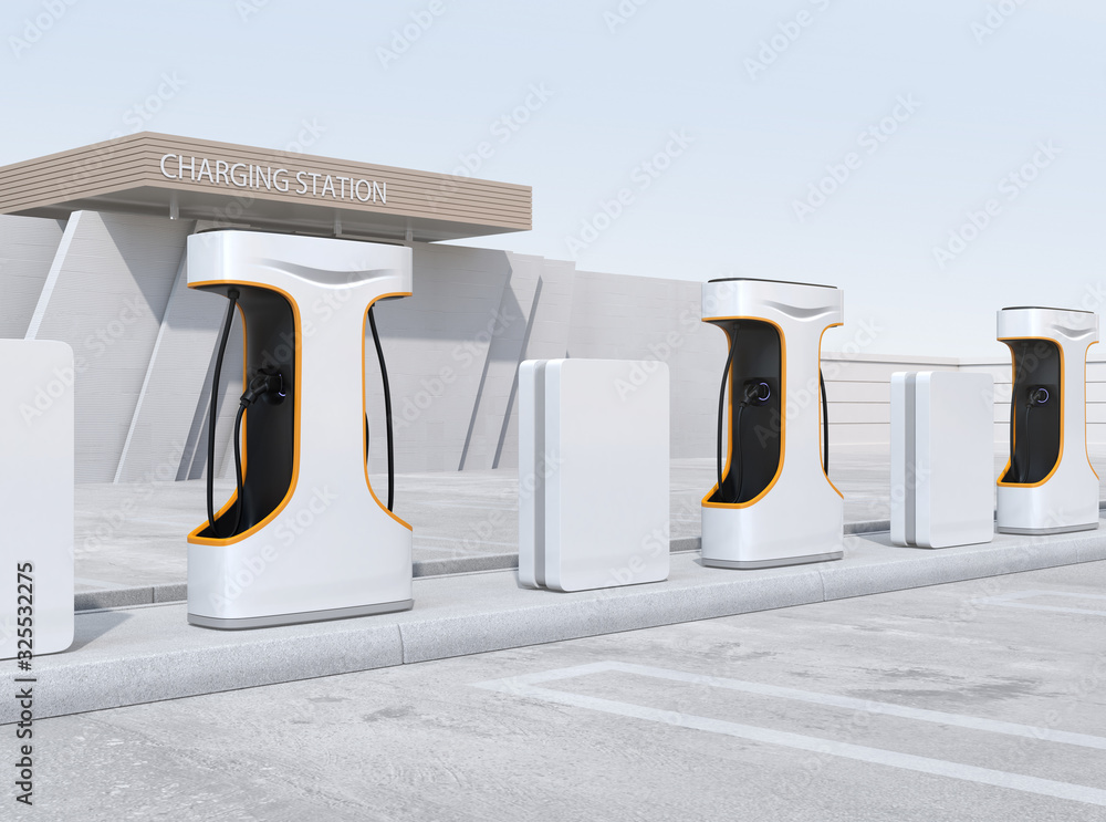 Poster empty public ev charging station. 3d rendering image.