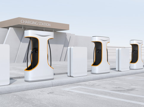 Empty Public EV Charging Station. 3D Rendering Image.