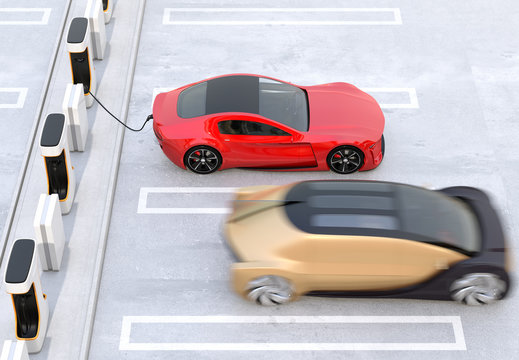 Electric sports car charging at Public Charging Station. 3D rendering image.