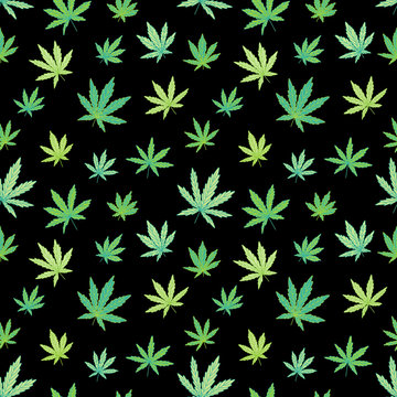Seamless pattern of cannabis leaf on black background. Each element is hand drawn. Digital illustration. Suitable for prints on fabrics (tablecloth,curtains,accessories),covers, covers, wrapping paper