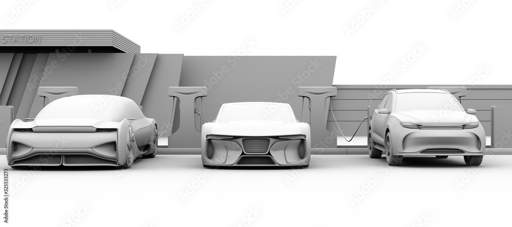 Poster clay rendering of electric cars charging at public charging station. front view. 3d rendering image.