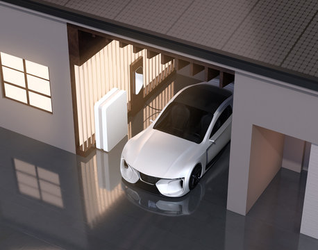Electric sports car connect to power supply at home. Solar panels mounted on the roof. Sustainable lifestyle concept. 3D rendering image.