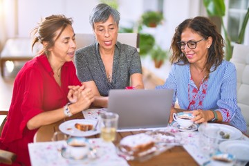 Meeting of middle age women having lunch and drinking coffee. Mature friends smiling happy using laptop at home on a sunny day
