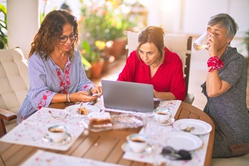 Meeting of middle age women having lunch and drinking coffee. Mature friends smiling happy using laptop at home on a sunny day