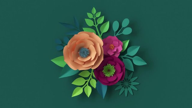 3d render, abstract floral arrangement appearing over dark green wall, botanical background animation, blooming live image, motion design, pink peachy orange paper flowers and green leaves growing