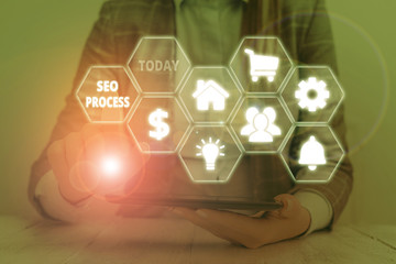 Text sign showing Seo Process. Business photo showcasing steps of increasing the quality and...