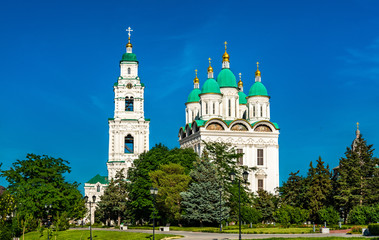 Fototapeta na wymiar Ascension Cathedral and Bell Tower of the Kremlin in Astrakhan, Russia