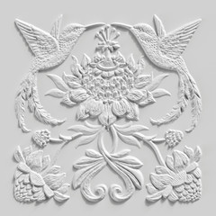 3d render, white floral carving, gypsum decor, hummingbirds, tropic birds, carved stone tile, botanical pattern, medieval ornament, alabaster plaster texture, tropical flowers and leaves motif