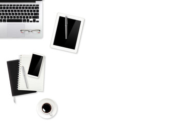 flat lay workspace table with laptop computer, office supplies, coffee cup, tablet and cell phone on white pastel background