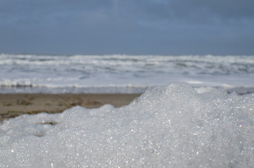 The white frothy foam on the cold oregon beach in the morning. 