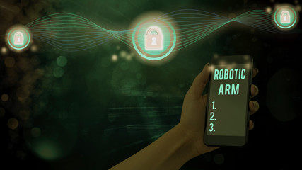 Text sign showing Robotic Arm. Business photo showcasing programmable mechanical arm with similar function of a huanalysis arm