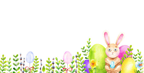 Watercolor Easter festive banner. Hand drawn colorful illustration of cute Easter bunny with decorated eggs, green leaves and spring flowers on white background. Easter celebration theme.