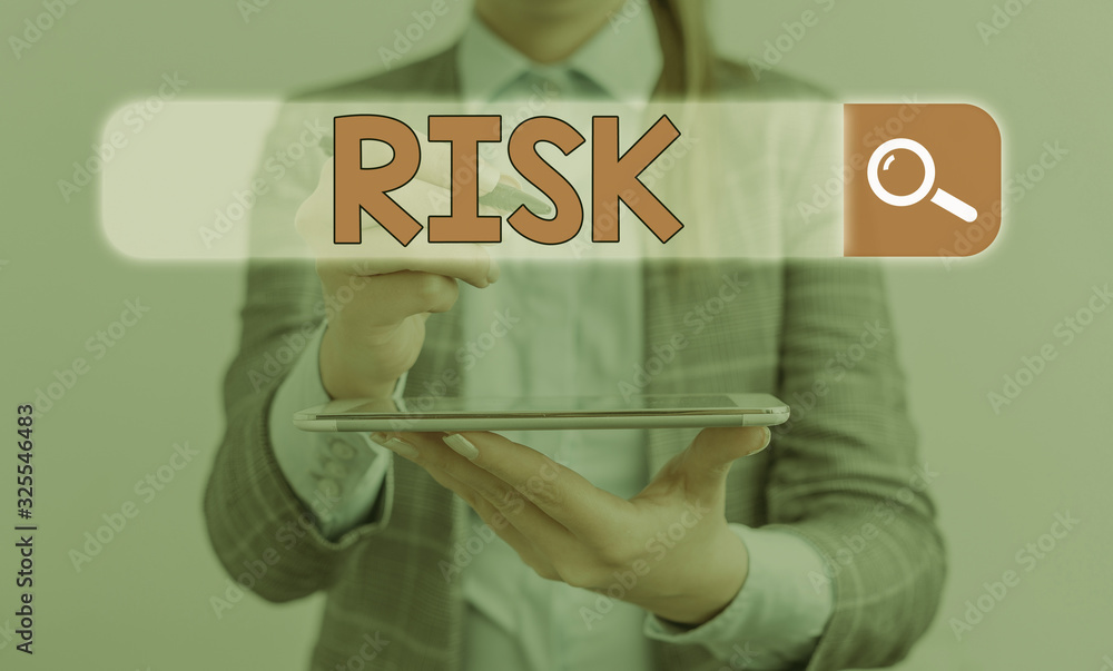 Poster writing note showing risk. business concept for possibility of losing something of value or threat o