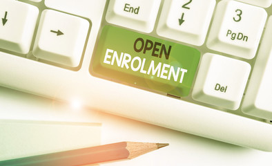 Conceptual hand writing showing Open Enrolment. Concept meaning period during which members can...