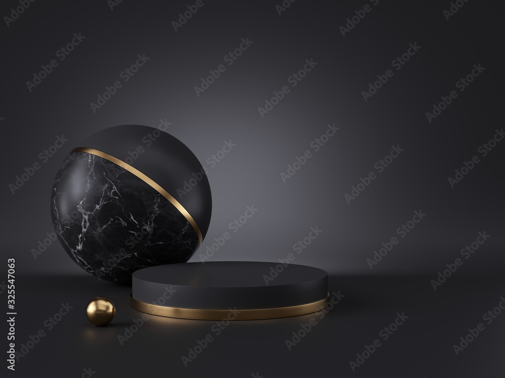 Aufkleber 3d render, abstract minimalist geometric objects isolated on black background. blank mockup, empty c