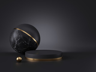 3d render, abstract minimalist geometric objects isolated on black background. Blank mockup, empty cylinder podium, balls, gold metal. Copy space. Primitive shapes, premium futuristic decor elements