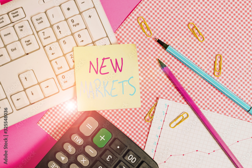 Poster word writing text new markets. business photo showcasing market where the end product or service is 