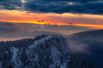 Canadian Nature Landscape covered in fresh white Snow during colorful and vibrant winter sunset. Taken in Seymour Mountain, North Vancouver, British Columbia, Canada.