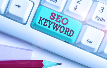 Word writing text Seo Keyword. Business photo showcasing phrases in your web content that help...