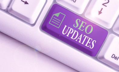 Writing note showing Seo Updates. Business concept for new information or design in search engine...