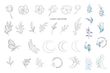 Hand drawn floral logo creation kit. Leaves, branches, butterfly, dragonfly. Bundle for logotypes creating, wedding invitations and greetings and business cards, for your branding, web design, pattern