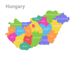Hungary map, administrative division, separate individual states with state names, color map isolated on white background vector