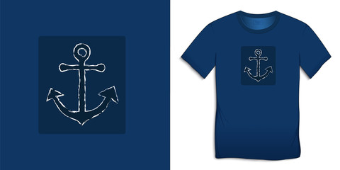 Print on t-shirt graphics design, anchor icon chalky, blue background vector