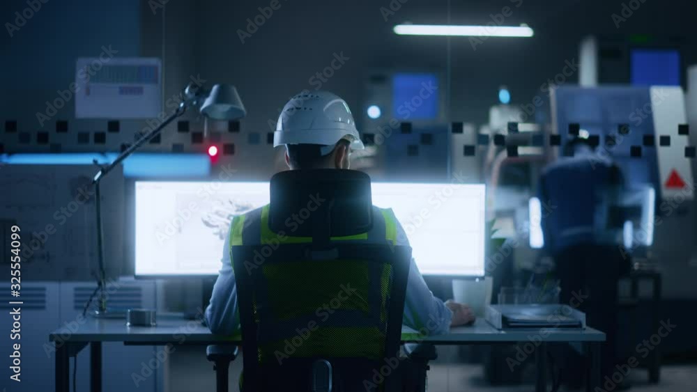 Poster Industrial Engineer Solving Problems, Working on a Personal Computer, Two Monitor Screens Show CAD Software with 3D Prototype of Eco-Friendly Electric Engine Concept. Back View Zoom In