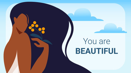 You are Beautiful Horizontal Banner. Woman with Black Long Hair and Dark Skin Wear White Cape Looking over Shoulder with Berry Branch in Hand Outdoors. Natural Beauty Cartoon Flat Vector Illustration