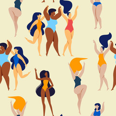 Seamless Pattern of Happy Multinational Plus Size Women in Bikini, Swimming Suits Dancing on Yellow Background. Body Positive, Beauty Diversity, Stop Fatfobia Movement Cartoon Flat Vector Illustration