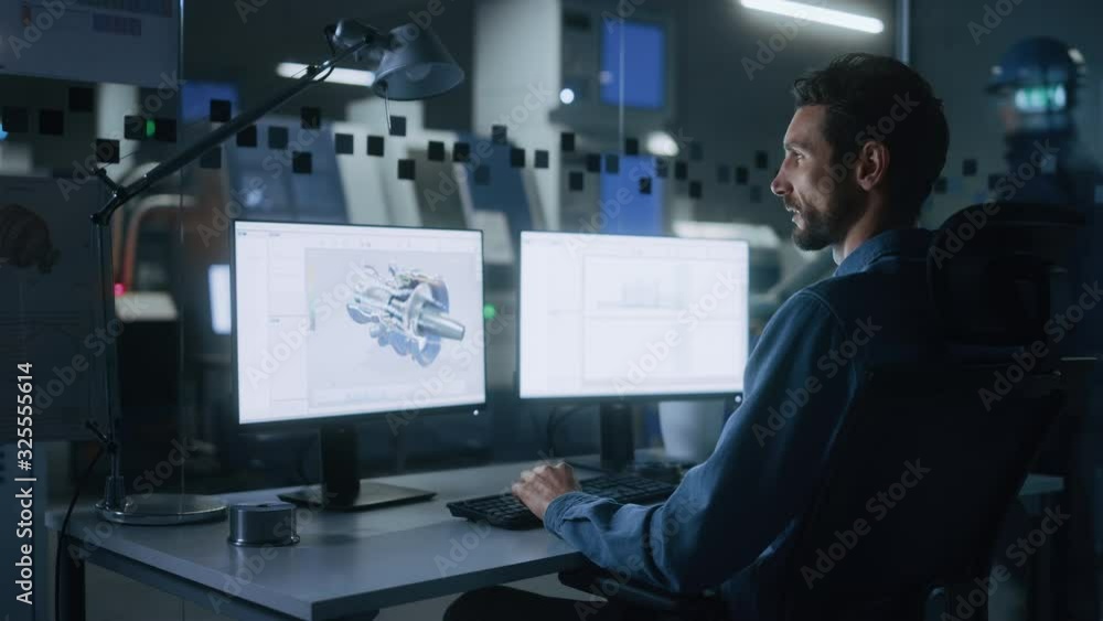 Leinwandbilder Industrial Engineer Solving Problems, Working on a Personal Computer, Two Monitor Screens Show CAD Software with 3D Prototype of Eco-Friendly Electric Engine Concept. Side Arc View