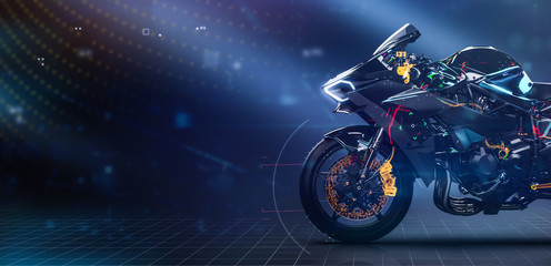 Naklejka na ściany i meble Modern sports motorcycle technology concept with highlighted parts (3D Illustration)