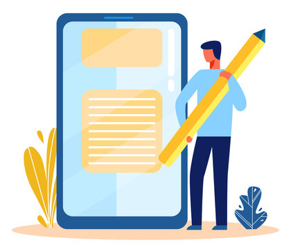 Small Cartoon Faceless Man Holds Big Pencil Standing near Huge Smartphone. Programming Process, Posting News on Social Media, E-Learning, Aplication Creation. Vector Advanced Technology Illustration