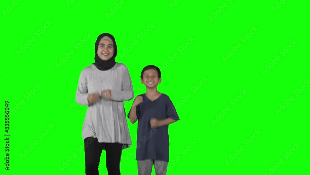 Sticker Muslim woman doing run exercises with her son