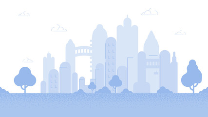 City Background Flat Cartoon Vector Illustration. Modern Town Skyline. Architectural Building in Panoramic View. High Multi-storey Glass Buildings in Different Forms. Block of Flats and Trees.