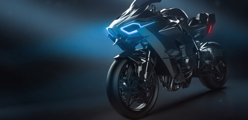 Close up of modern sports motorcycle with custom LED headlight (3D Illustration)