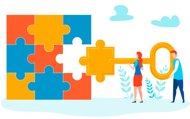 Completing Project Metaphor Vector Illustration. Cartoon Man, Woman Holding Key, Filling Missing Jigsaw Puzzle Piece. Teamwork Solving Complicated Tasks. Partnership, Cooperation Concept