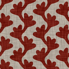 Seamless gray red french woven linen texture background. Ecru flax leaf motif pattern. Organic yarn material weave furnishing fabric. Maroon block print hemp cloth all over textile  - 325558253