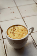 Egg coffee, a Hanoi specialty in which a creamy soft, meringue-like egg white foam is perched on dense Vietnamese coffee.