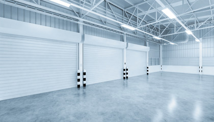Roller door or roller shutter inside factory, warehouse or industrial building. Modern interior design with polished concrete floor and empty space for product display, industry background. 3d render.
