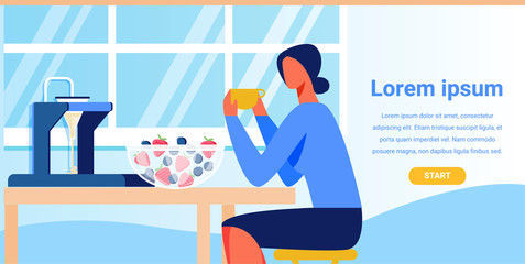 Landing Page Advertising Modern Smart Kitchen Appliances. Flat Cartoon Woman Drinking Coffee and Eating Fruits while Sitting at Table. Vector Traditional Healthy Breakfast and Dessert Illustration