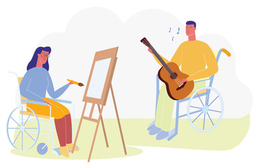 Fototapeta premium Cartoon Woman in Wheelchair Draw Portrait. Man with Guitar Play Music, Sing Song Vector Illustration. Social Adaptation, Support, Communication. Physically Disabled, Handicapped Person Rehabilitation